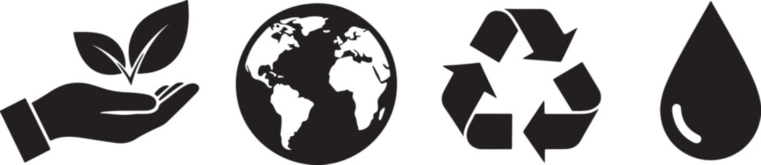 Set of four icons representing environmental sustainability eco-friendly living and water conservation silhouette