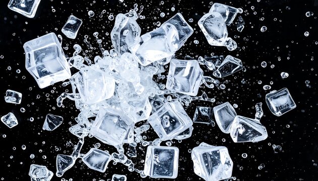 A high-angle view of ice cubes splashing and dispersing against a black background, showcasing the translucent quality and reflective light.