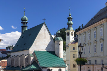 Church of St Catherine and Town hall showing their architecture in Banska Stiavnica, Slovakia