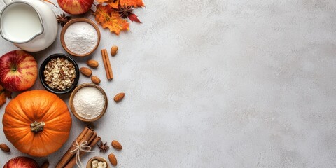 A cozy autumn arrangement featuring pumpkins, apples, nuts, spices, and baking ingredients, evoking a seasonal vibe perfect for fall recipes.
