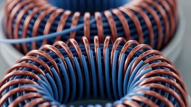 Technical close view revealing insulated wire coating as its wound into complex coil patterns critical for hyperloop electromagnetic drives.