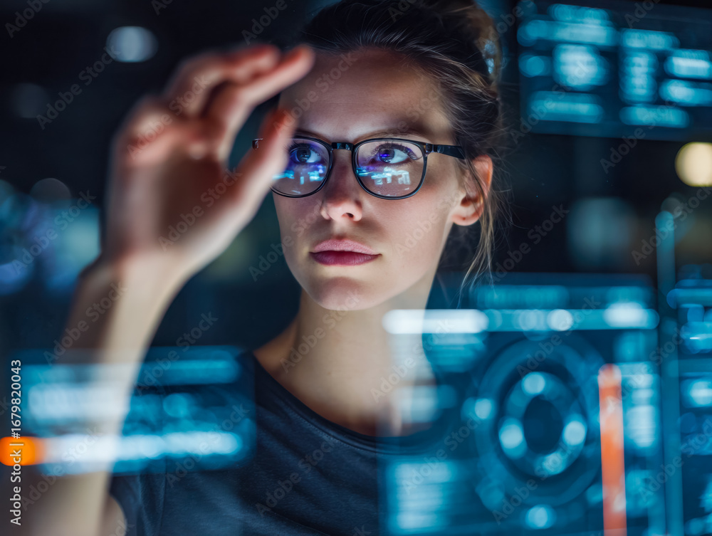 Poster female scientist analyzing data on digital screens in a high-tech environment