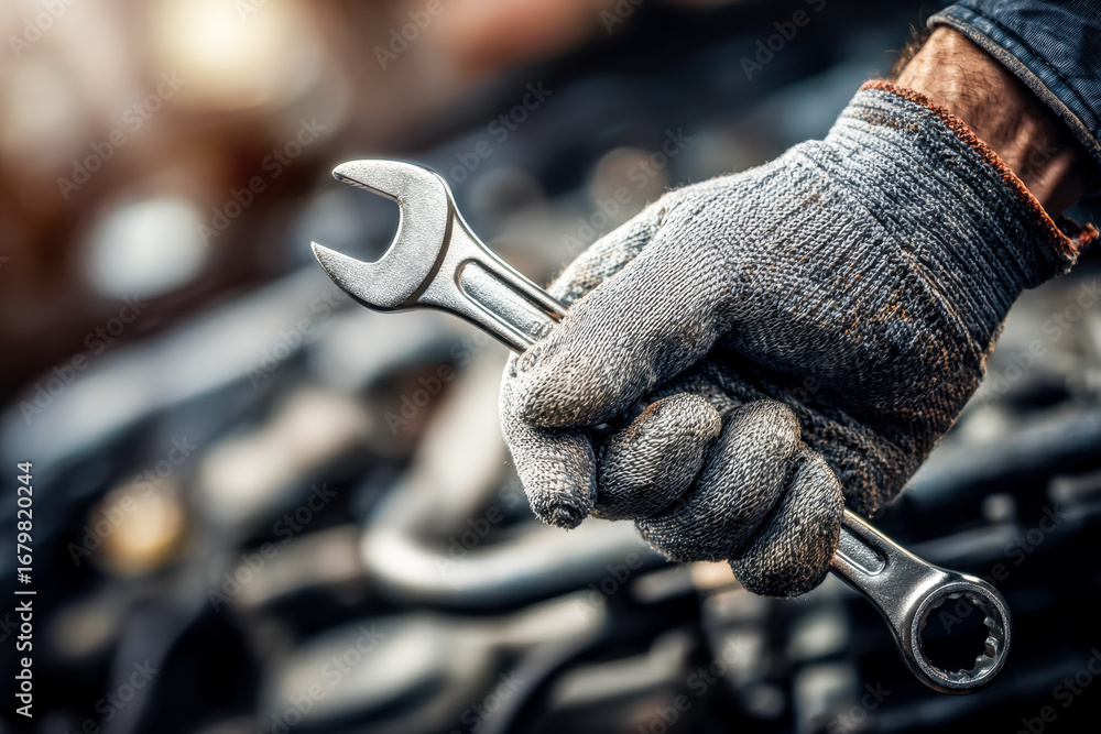 Poster hand gripping a wrench in a workshop setting