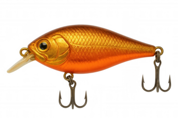 Studio shot of a vibrant orange and gold fishing lure, ready for action, isolated on a transparent background