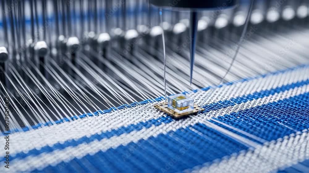 Poster closeup on sensor node integration within textile fibers on an automated loom producing fabric for s