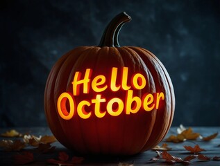 Carved pumpkin with glowing October message and leaves