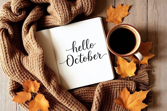 Notebook, coffee, blanket, and handwritten October greeting