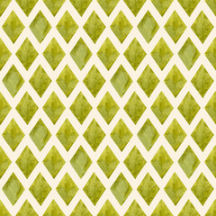 Seamless pattern watercolor geometric olive green rhombus beige background. Hand drawn rhomb diamond geometrical illustration. For texture, textile, design, wallpaper, wrapping paper