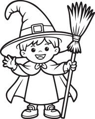 Cute Halloween witch kid holding broom cartoon illustration