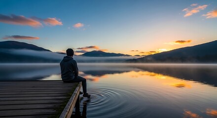 Solitude by the Shore: A contemplative individual sits on a wooden pier, gazing serenely at the tranquil lake during the golden hour, embodying moments of peace, reflection.