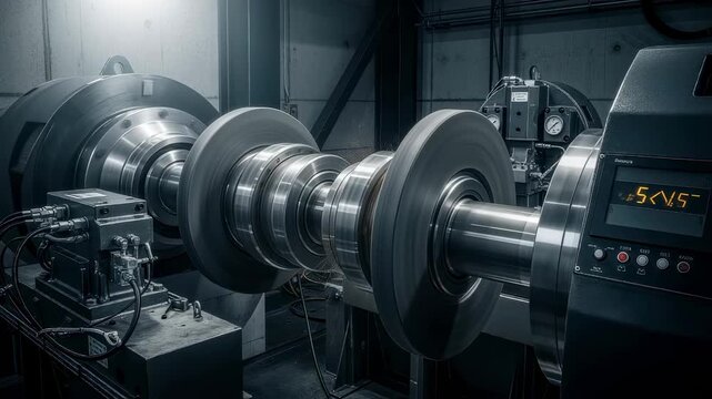 Dynamic image of rotating shafts and coupling units inside a wave energy powertakeoff dynamometer cell illustrating mechanical load testing.