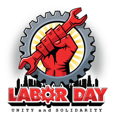 Happy labor day card with red fist with wrench on sunrise, gear and city. Vector template for poster, greeting card on transparent background