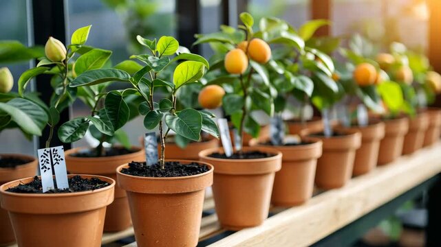 Growth and ripening of citrus plants in a sunny greenhouse nursery