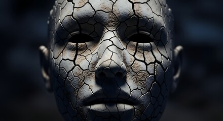 Surreal cracked human face texture symbolizing drought and decay.