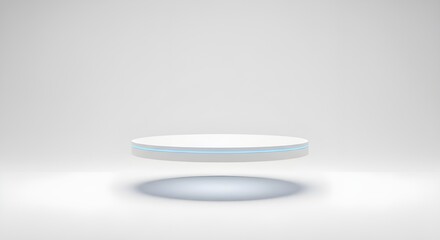 Minimal round podium appearing to levitate above soft shadow, clean pure white background, futuristic floating stage concept.

