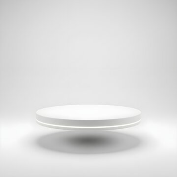 Minimal round podium appearing to levitate above soft shadow, clean pure white background, futuristic floating stage concept.
