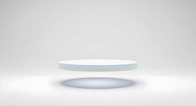 Minimal round podium appearing to levitate above soft shadow, clean pure white background, futuristic floating stage concept.
