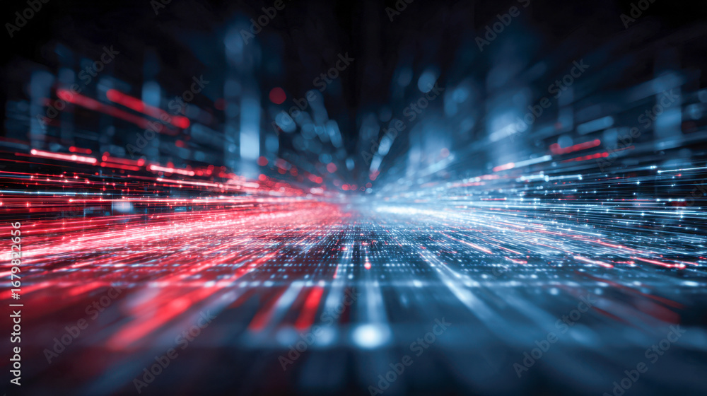 Poster a futuristic digital landscape with dynamic streaks of red and blue lights creating a sense of high-