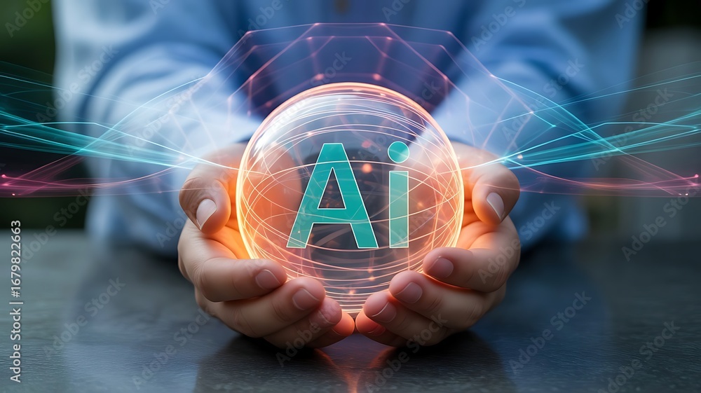 Poster human hand holding artificial intelligence sphere in digital space futuristic ai concept with glowin