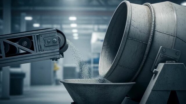 Side view of conveyor system feeding microcapsules into concrete mixer for innovative selfhealing material production.