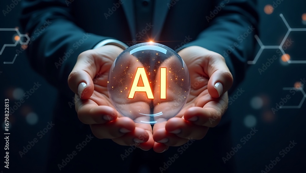 Poster human hand holding artificial intelligence sphere in digital space futuristic ai concept with glowin