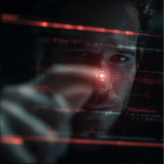 A man's face, partially obscured by a digital interface with glowing red lines and data, a bright red light is focused on one of his eyes, high-tech, futuristic, dramatic lighting, cinematic