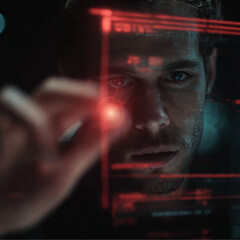 A man's face is partially obscured by a digital interface that features glowing red lines and data. A bright red light is focused on one of his eyes, and the scene is visually dramatic.