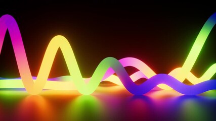 looping 3d animation of a multicolored neon waved lines, glowing in the dark and reflected in a mirrored floor. Retro futuristic sound equalizer. Abstract motion design of sliding gradient ribbons - Powered by Adobe