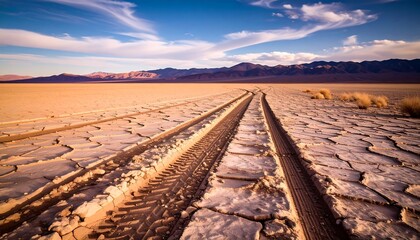 Desert trackway under a vibrant sky