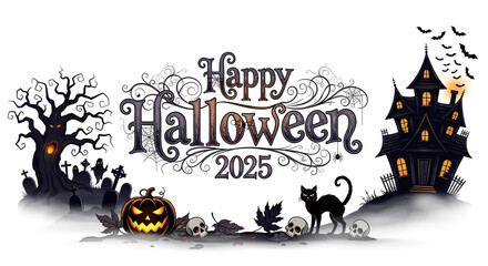  A detailed and whimsical "Happy Halloween 2025" design featuring a haunted house, a graveyard, a witch, pumpkins, and black cats.
