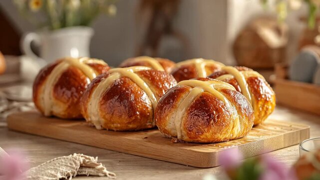 Freshly baked bread rolls cooling on rustic wooden board surrounded by warm kitchen ambiance