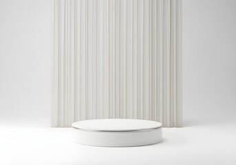 Fototapeta premium Round podium with minimal sheer fabric curtain backdrop, elegant exhibition display style, isolated on white background. 