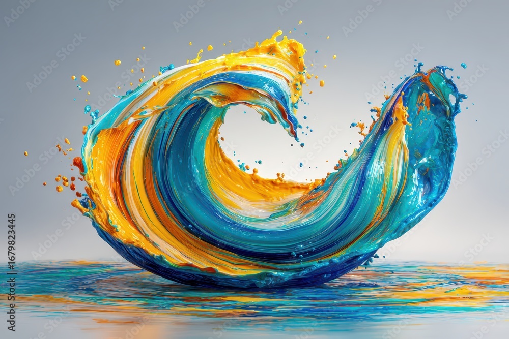 Poster an abstract wave of vibrant blue and yellow paint swirling dynamically in a creative, fluid motion w