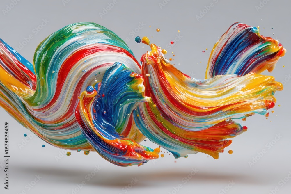 Poster dynamic and vibrant multi-colored paint splash creating an abstract fluid art form, showcasing a vis