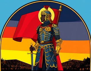 A stylized portrait of a dark-skinned knight in ornate armor, holding a sword and standing before a flag against a sunset backdrop
