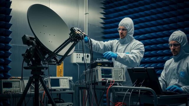 Engineers wear protective gear while conducting electromagnetic interference tests on a deployed tactical satellite antenna.