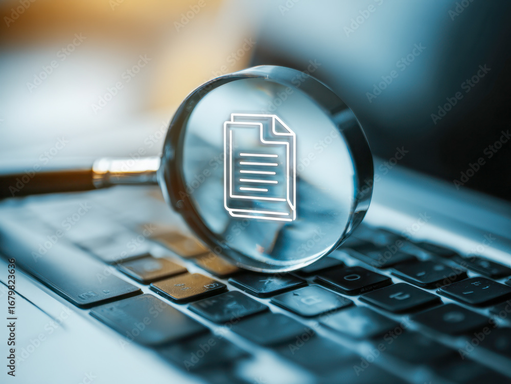 Aufkleber close-up view of a magnifying glass with a document icon displaying redacted data, placed on a lapto