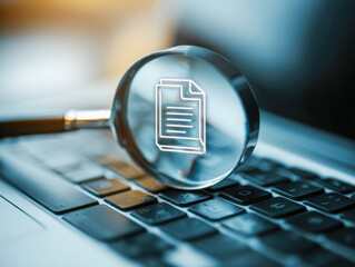 Close-up view of a magnifying glass with a document icon displaying redacted data, placed on a laptop keyboard representing digital data review and document analysis.