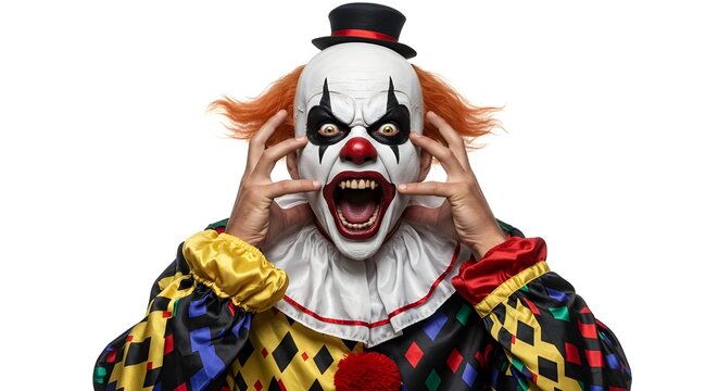 Realistic scary Halloween clown with creepy makeup and colorful costume, standing on plain white background, mouth wide open screaming, hands on face in classic horror pose, professional studio light - Powered by Adobe