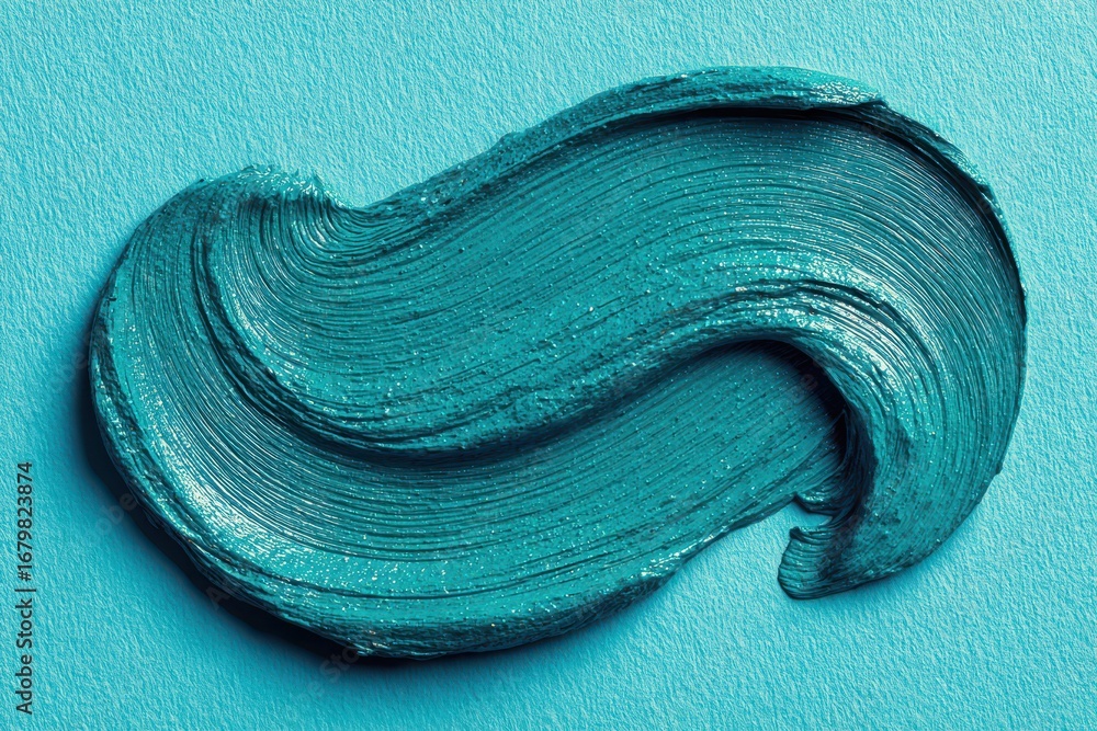 Poster abstract smear of vibrant turquoise paint with visible brush strokes on a textured background, creat