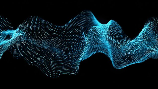 Abstract design features a dynamic, light-blue wave form composed of numerous small dots against a dark background.