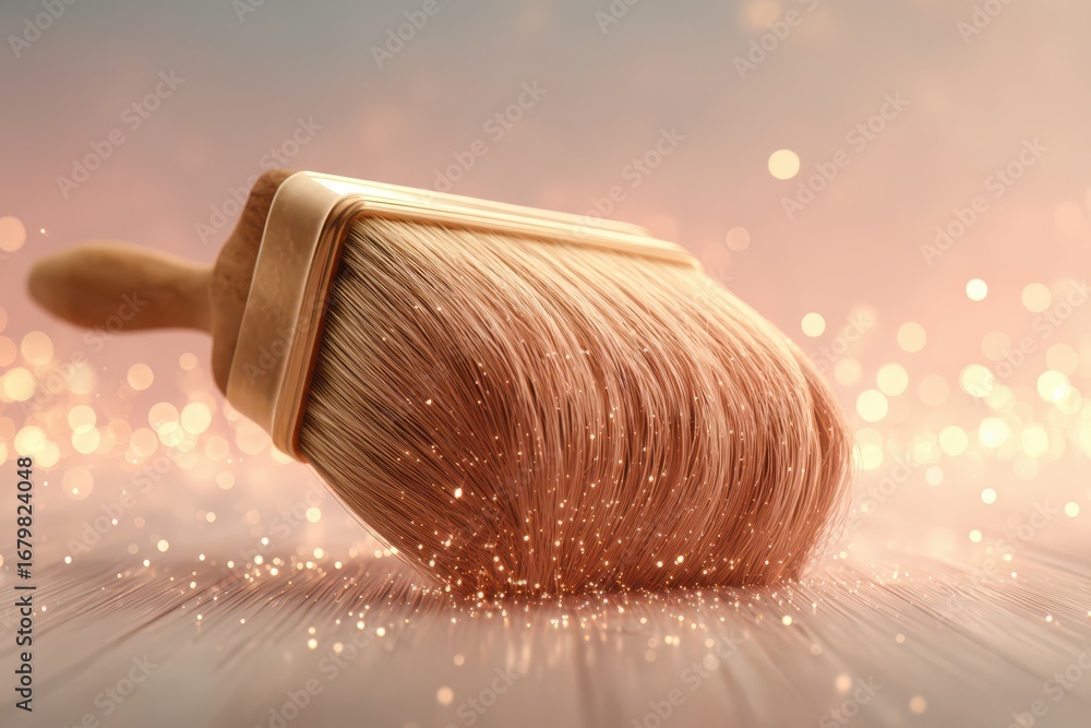 Poster a close-up of a paint brush resting on a wooden surface with soft lighting and bokeh, emphasizing it