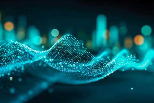 Abstract close-up of glowing blue digital wave particle mesh with blurred light effects in futuristic technology and data visualization concept