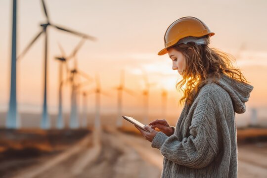 Female engineer working on a digital tablet at a wind farm during sunset, managing renewable energy production and ensuring efficient turbine performance.