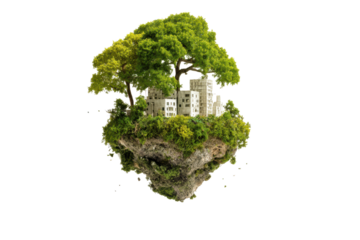 Floating Eco-Island Sculpture with Trees and Miniature Buildings