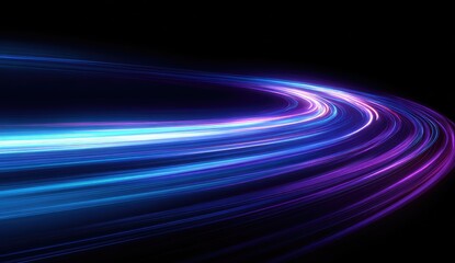 Abstract light trails curve, vibrant blue-purple hues on a black background