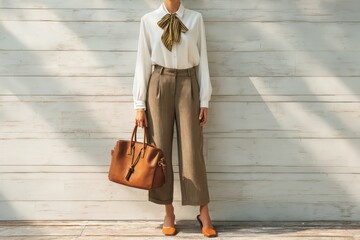 Stylish woman wearing fashionable wide-legged pants, white blouse with a bow, and shoes, confidently holding a chic leather handbag against a rustic wooden background.