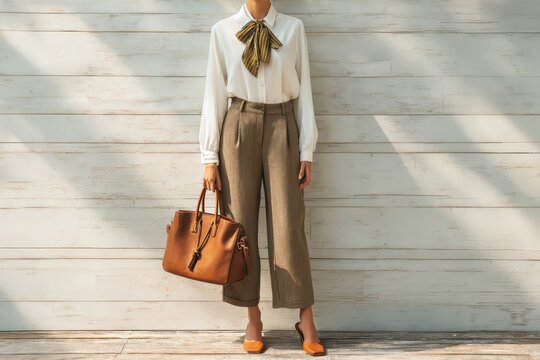 Stylish woman wearing fashionable wide-legged pants, white blouse with a bow, and shoes, confidently holding a chic leather handbag against a rustic wooden background. - Powered by Adobe