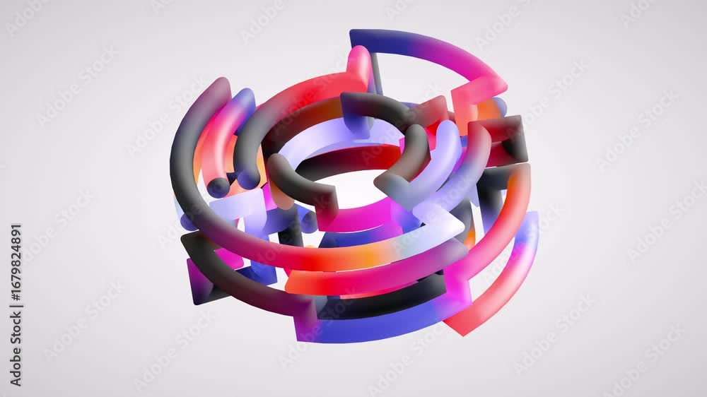 Aufkleber looping 3d animation, volumetric round maze of geometric colorful tubes isolated on white background