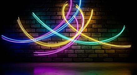 Colorful neon light trails on brick wall abstract glowing urban art installation.